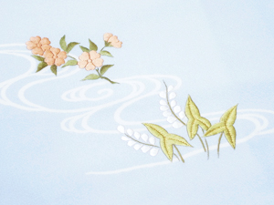 流水模様に草花図手刺繍訪問着・春の草花唐織名古屋帯　斎城織物製