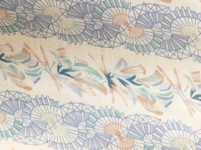 本藍糸使用ランダム横縞単衣紬着物、扇面と花の柄木版更紗調夏袋帯 width=