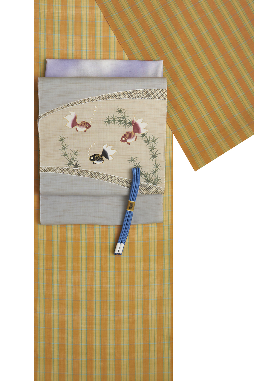 宮古麻織　多色縞着尺、金魚遊図麻名古屋帯地　工芸キモノ野口(c0571)