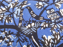 木と鳥の柄藍型絵染一方附紬小紋