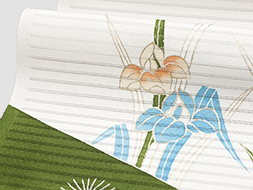 裂取に菖蒲と菊絽塩瀬名古屋帯地　工芸キモノ野口