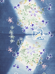 「藍板締め絞り花蝶模様」帯地 国画会準会員 鈴木紀絵作