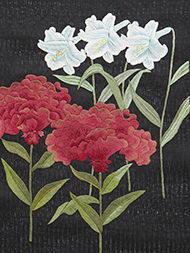 鶏頭と白百合の花刺繍夏名古屋帯地 おび弘製