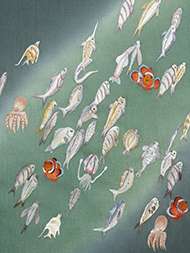 魚の群れ刺繍麻名古屋帯地　おび弘製