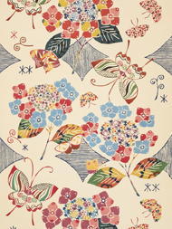 紫陽花と蝶々型絵染名古屋帯地 国画会会員 立花長子作
