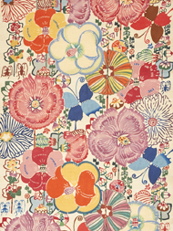 芙蓉の花と蝶型絵染名古屋帯地 国画会会員 立花長子作