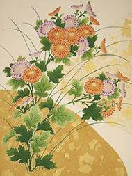 菊の花図友禅に摺箔名古屋帯