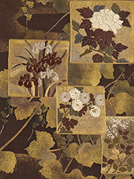 色紙取に四季の草花摺箔に刺繍紬袋帯