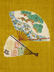 扇面に松と菊型絵染紬名古屋帯 小島悳次郎作