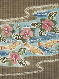 お花と魚の模様型絵染紬名古屋帯 国画会準会員 鈴木紀絵作