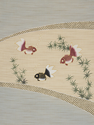金魚の模様麻名古屋帯地　工芸キモノ野口