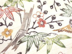 竹に雀の柄型絵染麻名古屋帯