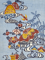 遠山に家並風景図型絵染麻名古屋帯